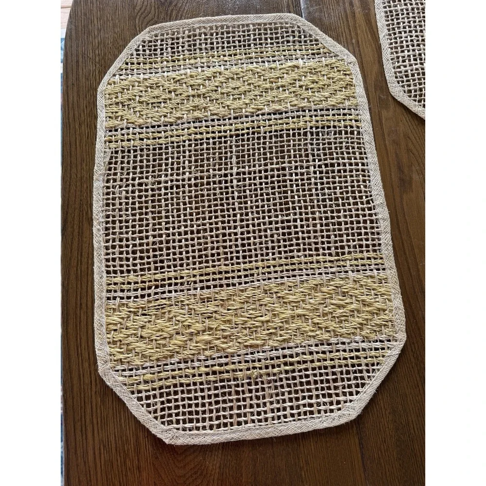 Vintage 70s Boho Open Weave Abaca Sisal Placemats - Yellow & Beige - Set of 4